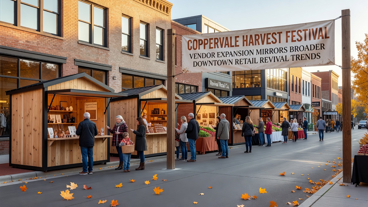 Downtown Coppervale street scene showing new retail shops and increased pedestrian activity near festival grounds