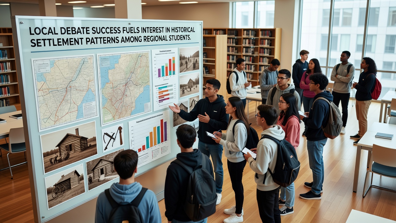 Students collaborating on digital maps showing 19th-century settlement patterns during a library workshop
